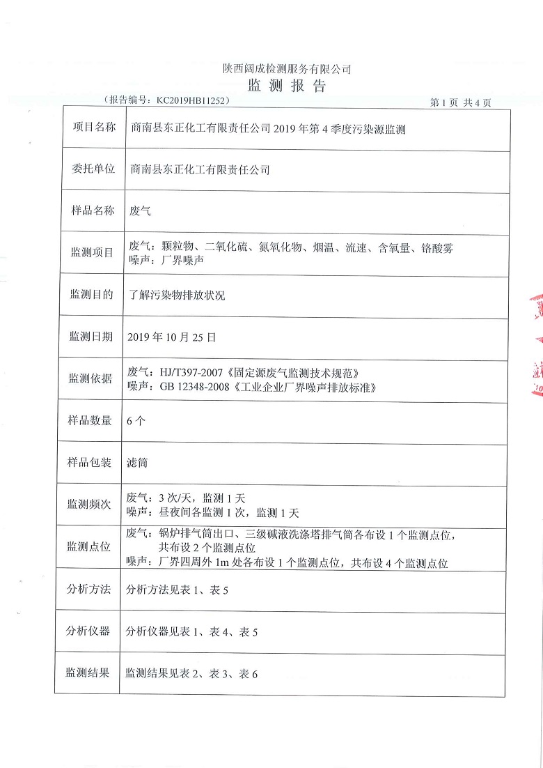 东正化工2019年第四季度污染源监测报告(图1)